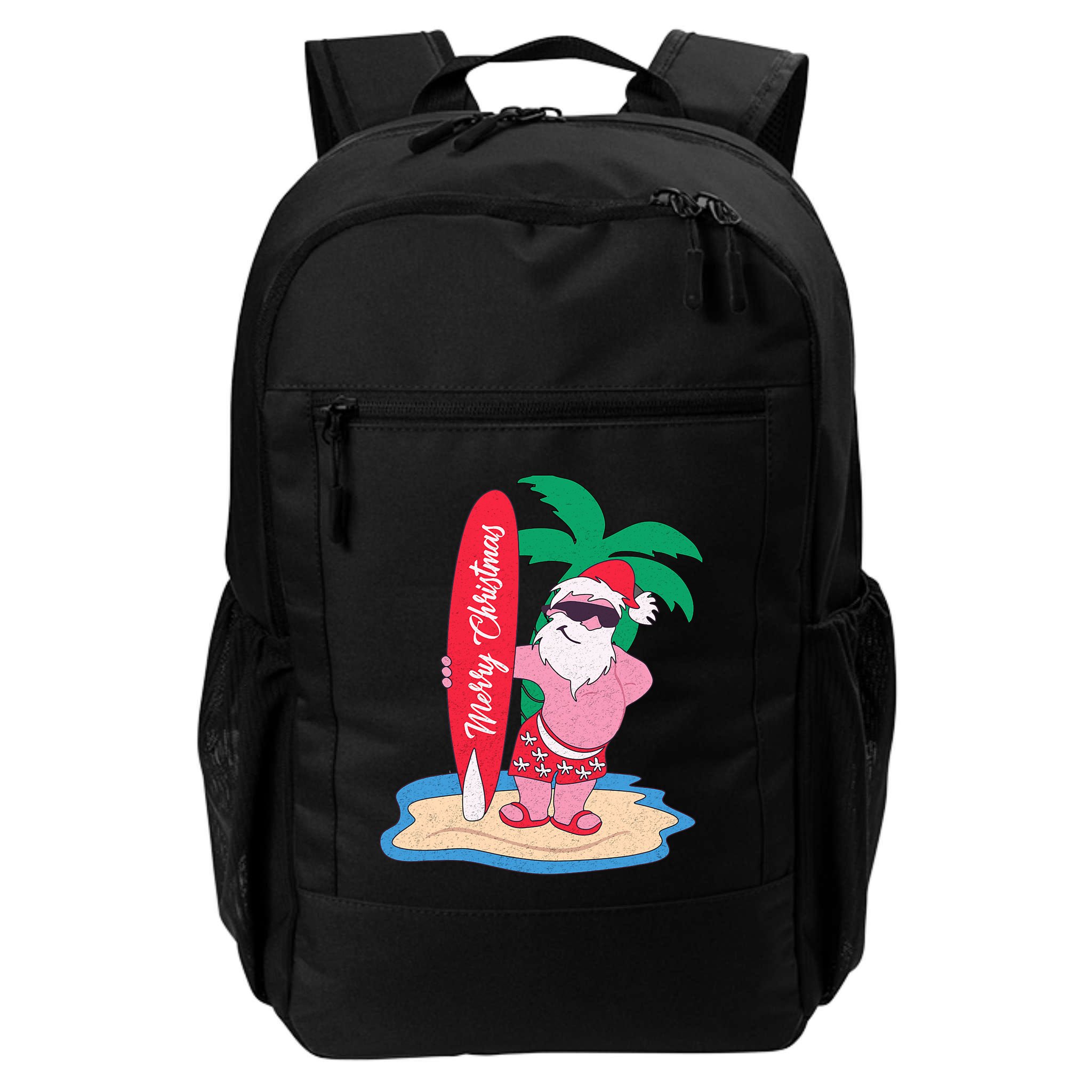 Funny Christmas In July Santa Claus Surfing On The Beach Backpack