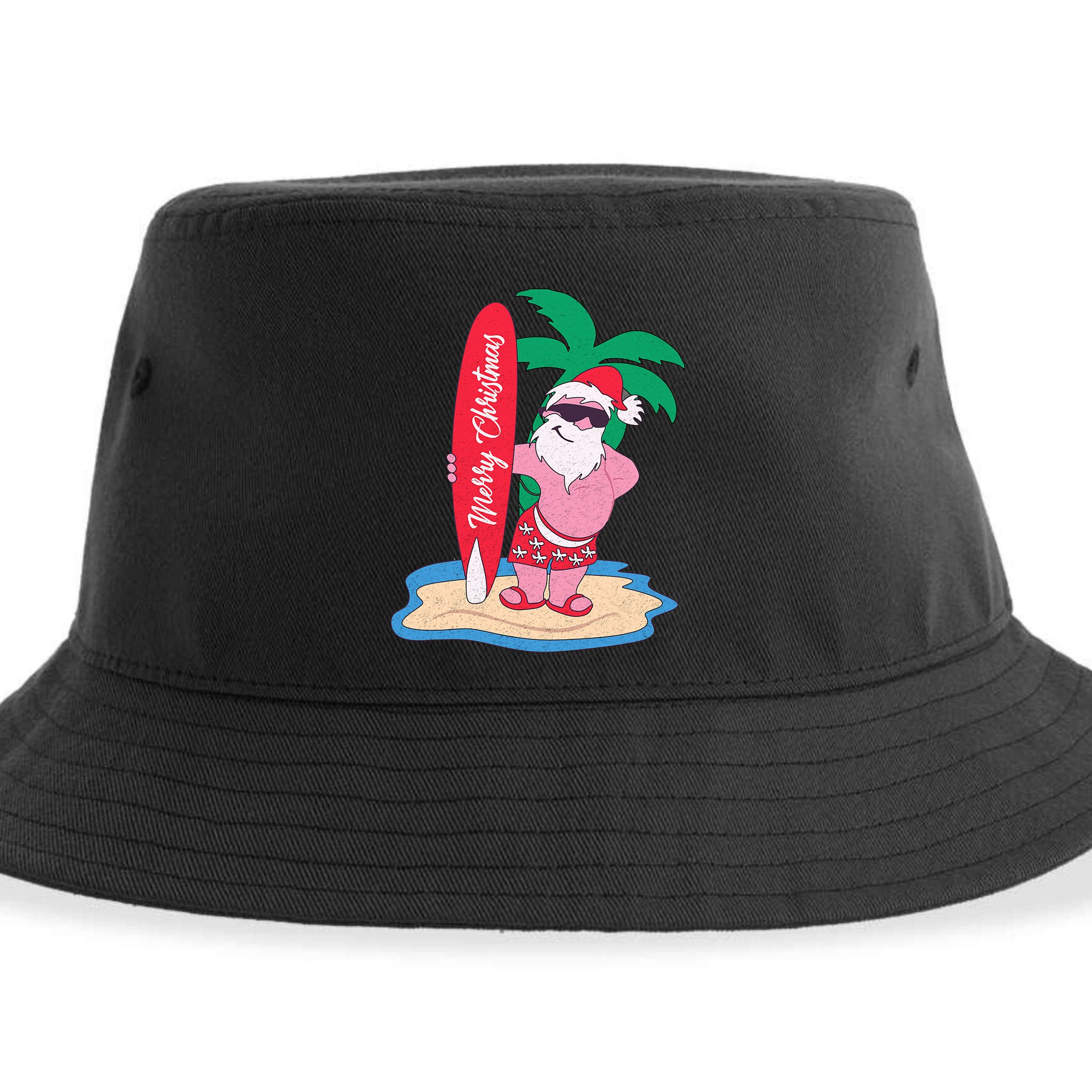 Funny Christmas In July Santa Claus Surfing On The Beach Sustainable Bucket Hat