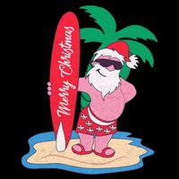 Funny Christmas In July Santa Claus Surfing On The Beach Bucket Hat