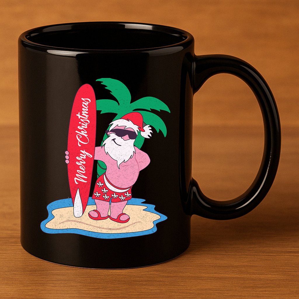 Funny Christmas In July Santa Claus Surfing On The Beach 11oz C Handle Ceramic Mug