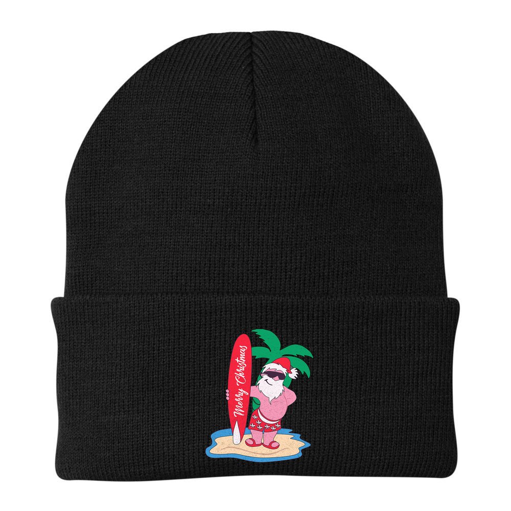 Funny Christmas In July Santa Claus Surfing On The Beach Beanie