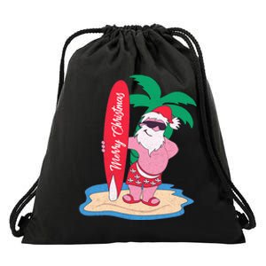 Funny Christmas In July Santa Claus Surfing On The Beach Drawstring Bag