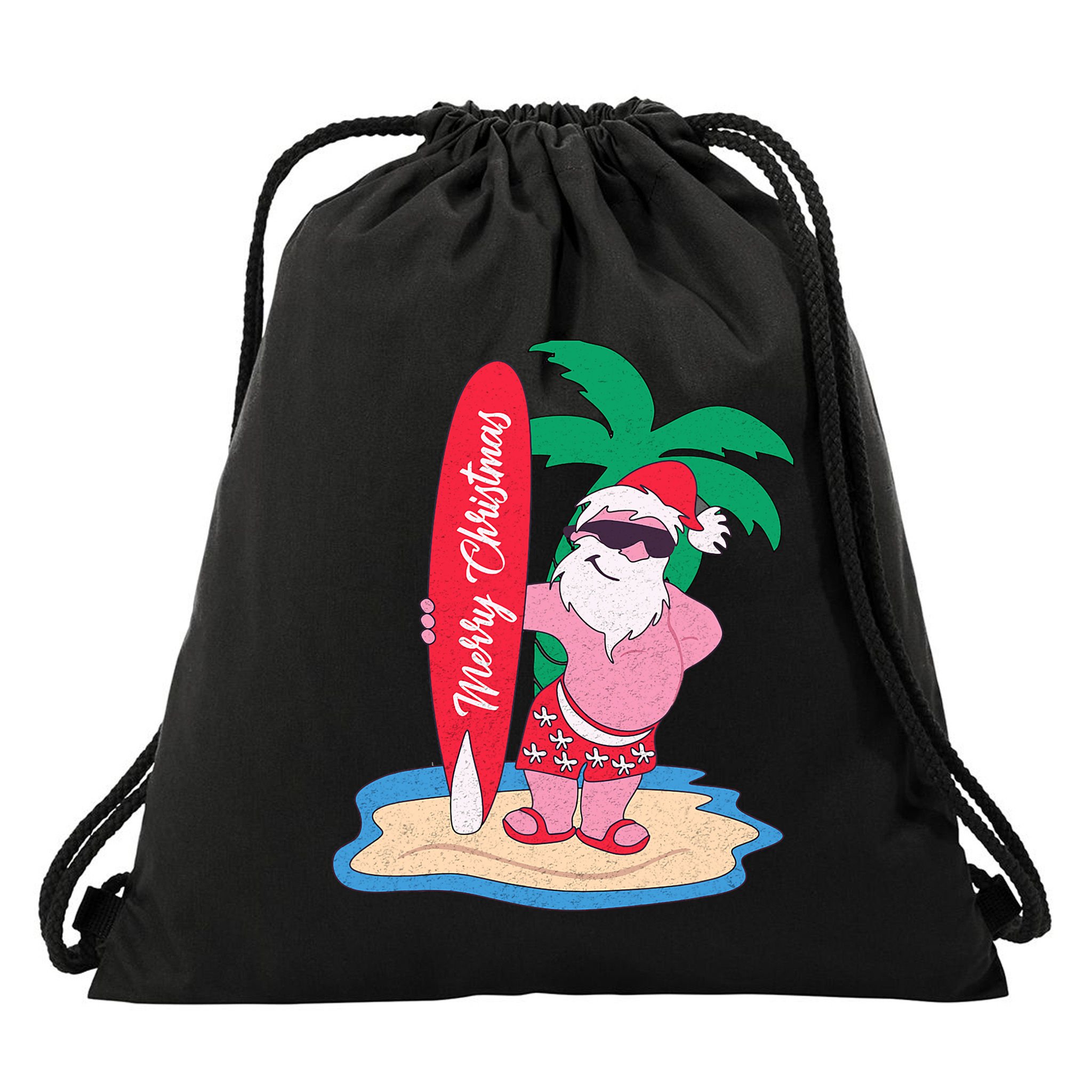 Funny Christmas In July Santa Claus Surfing On The Beach Drawstring Bag