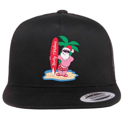 Funny Christmas In July Santa Claus Surfing On The Beach Flat Bill Trucker Hat