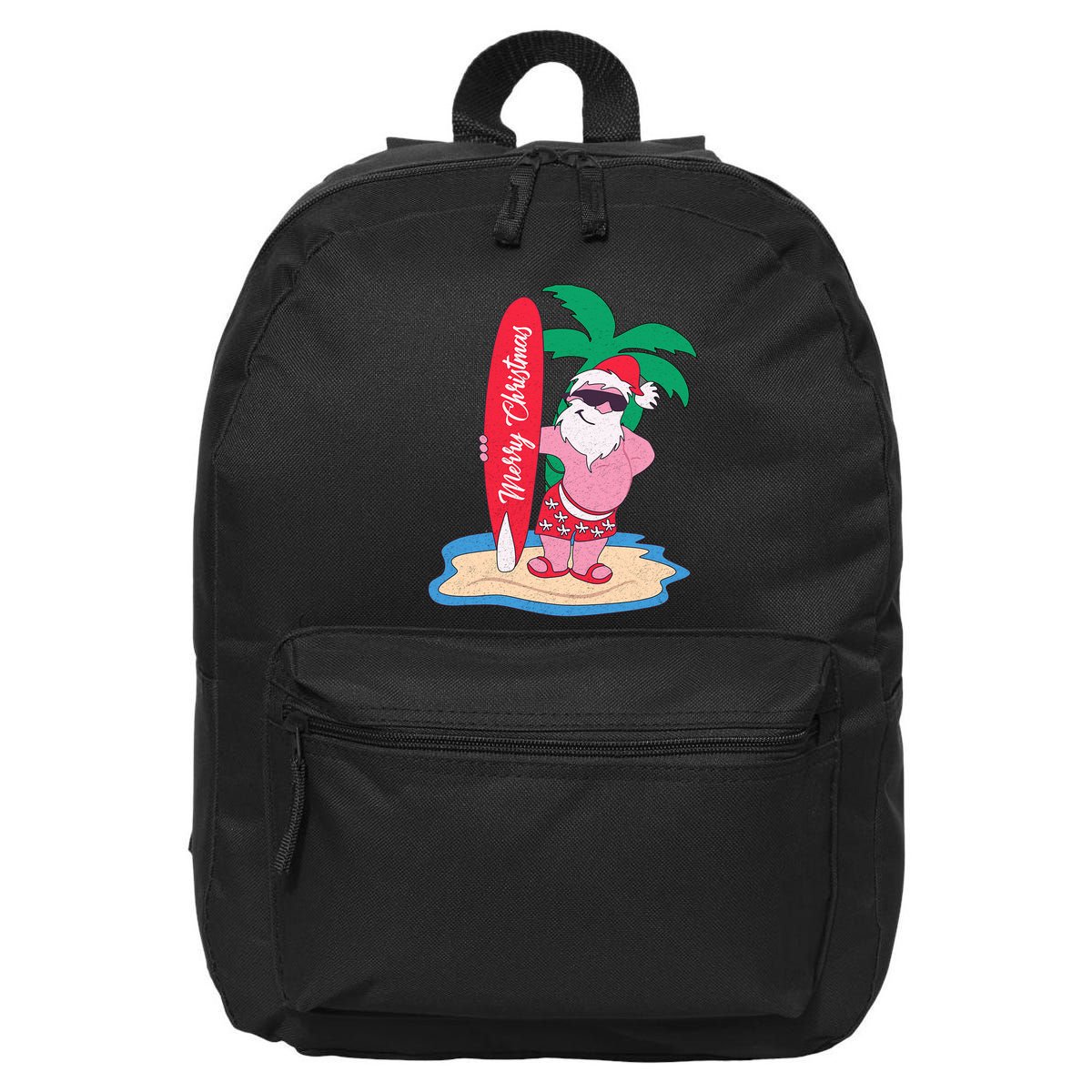 Funny Christmas In July Santa Claus Surfing On The Beach 16 in Basic Backpack