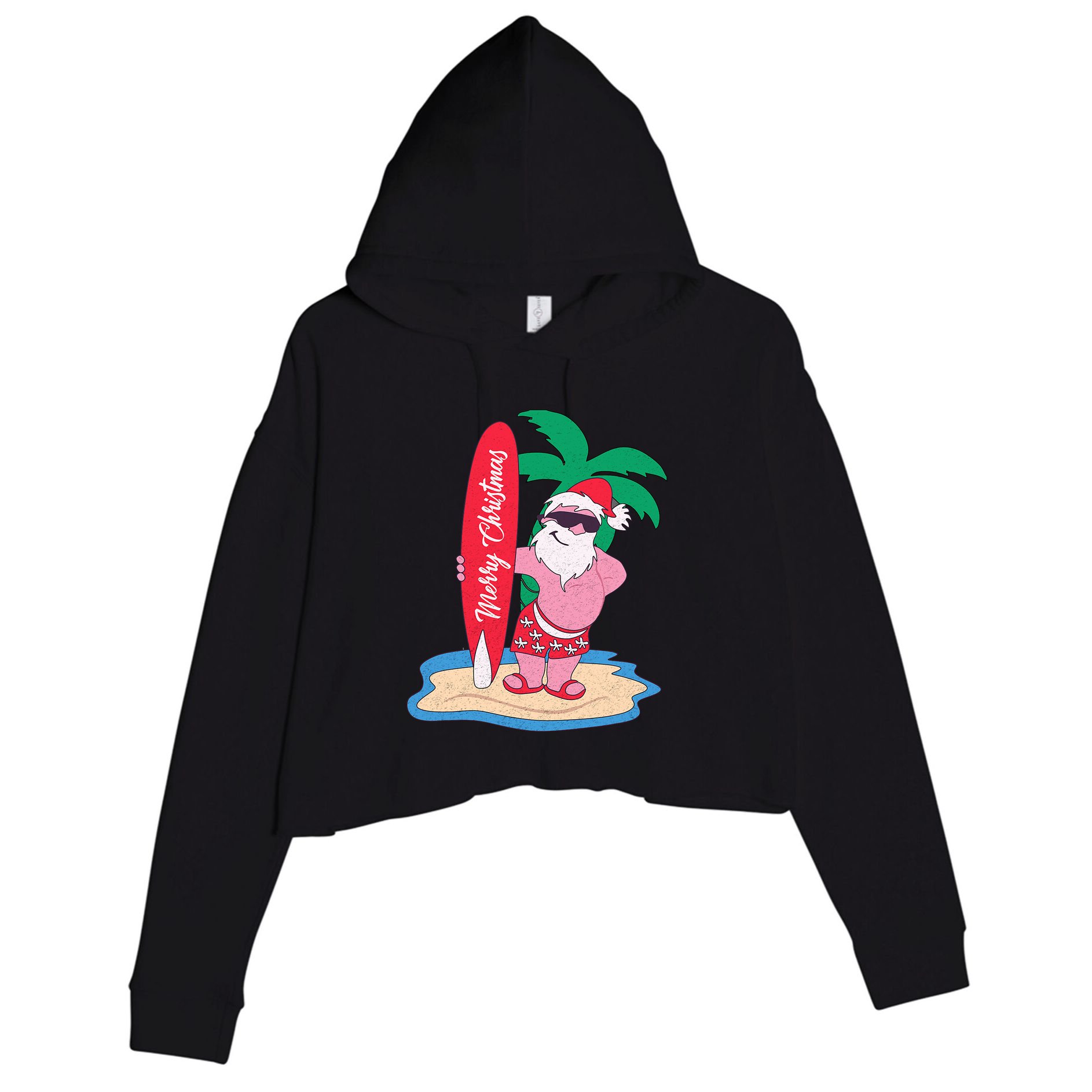 Funny Christmas In July Santa Claus Surfing On The Beach Crop Fleece Hoodie