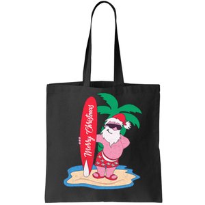 Funny Christmas In July Santa Claus Surfing On The Beach Tote Bag