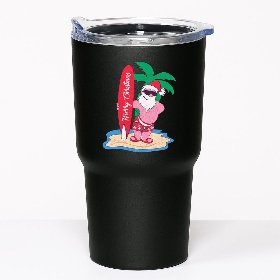 Funny Christmas In July Santa Claus Surfing On The Beach Tumbler