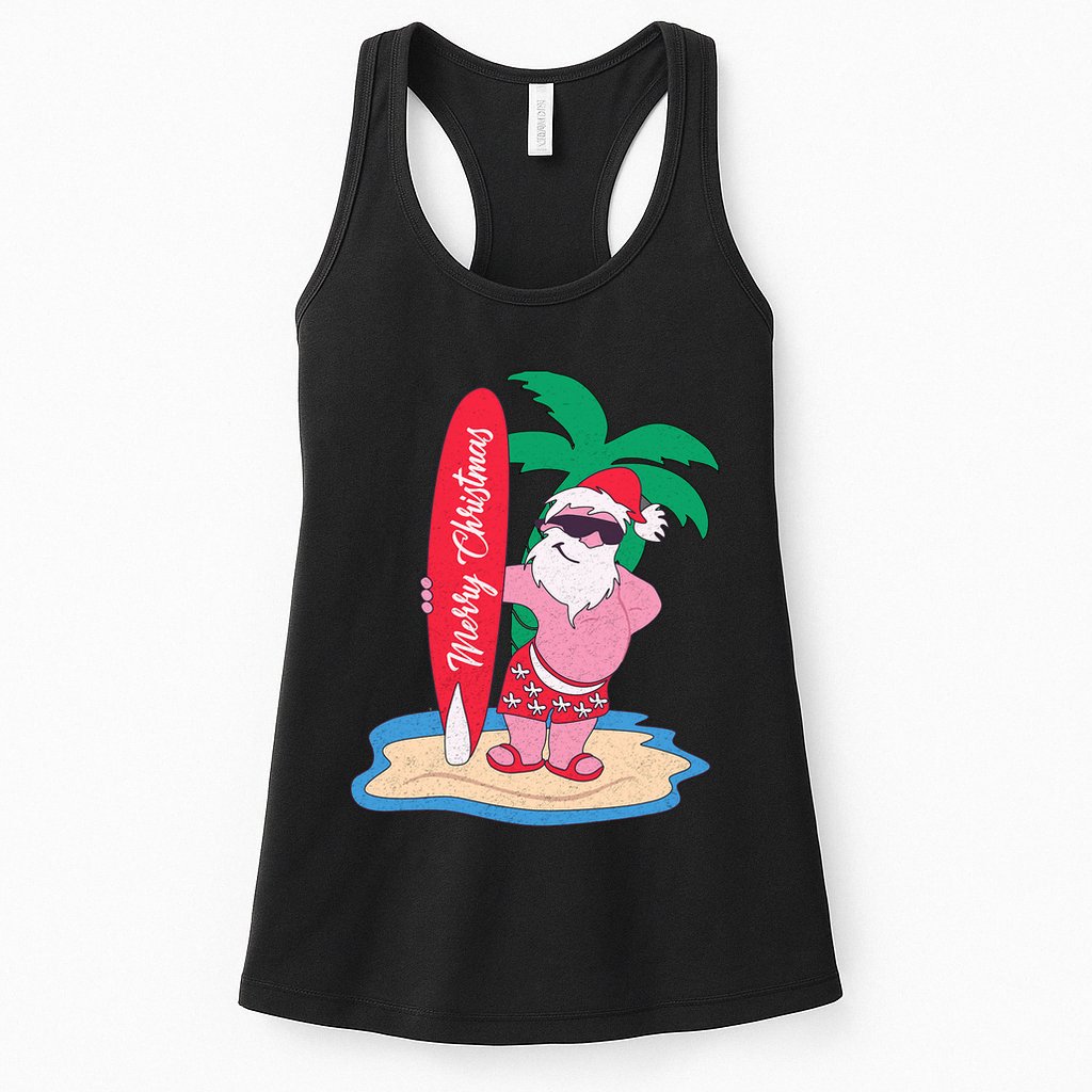 Funny Christmas In July Santa Claus Surfing On The Beach Womens Tank Top