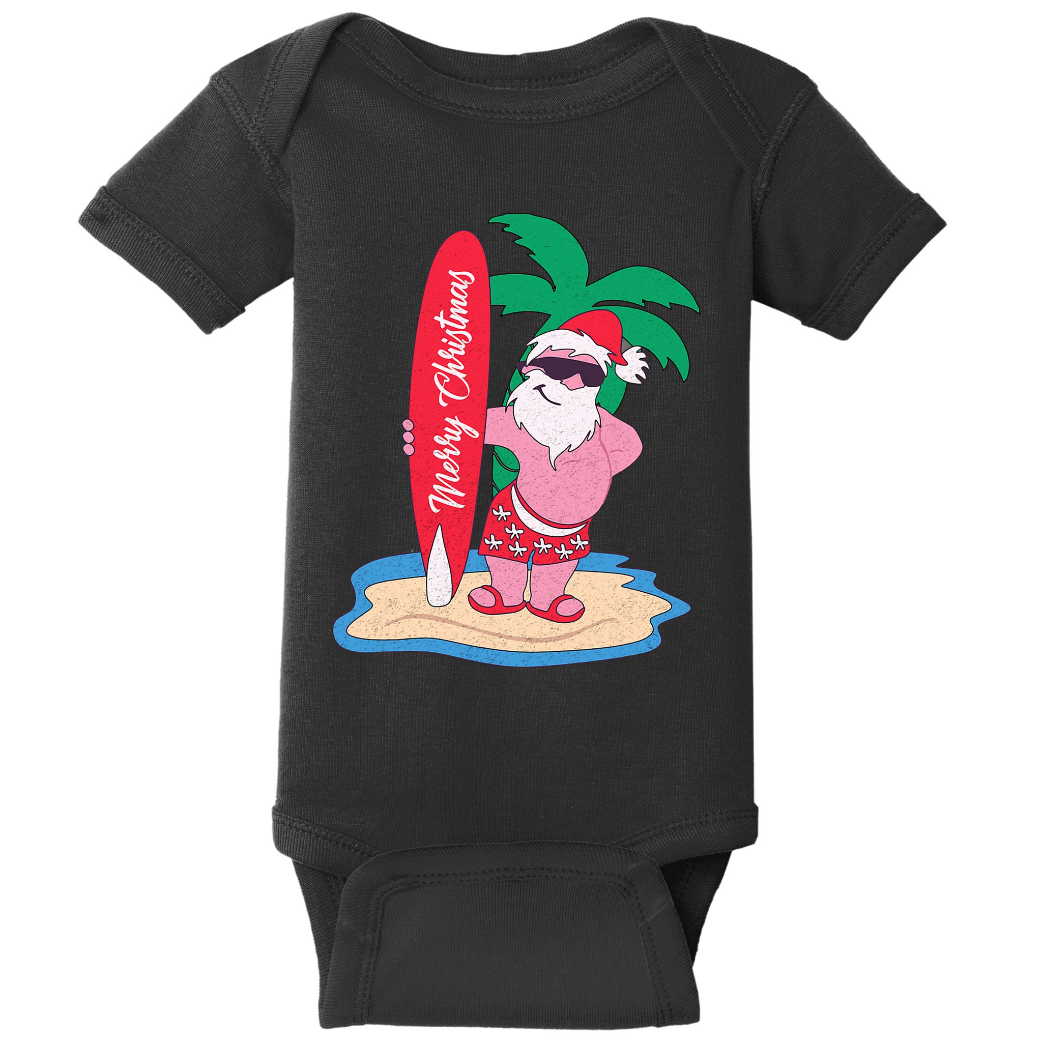Funny Christmas In July Santa Claus Surfing On The Beach Baby Bodysuit