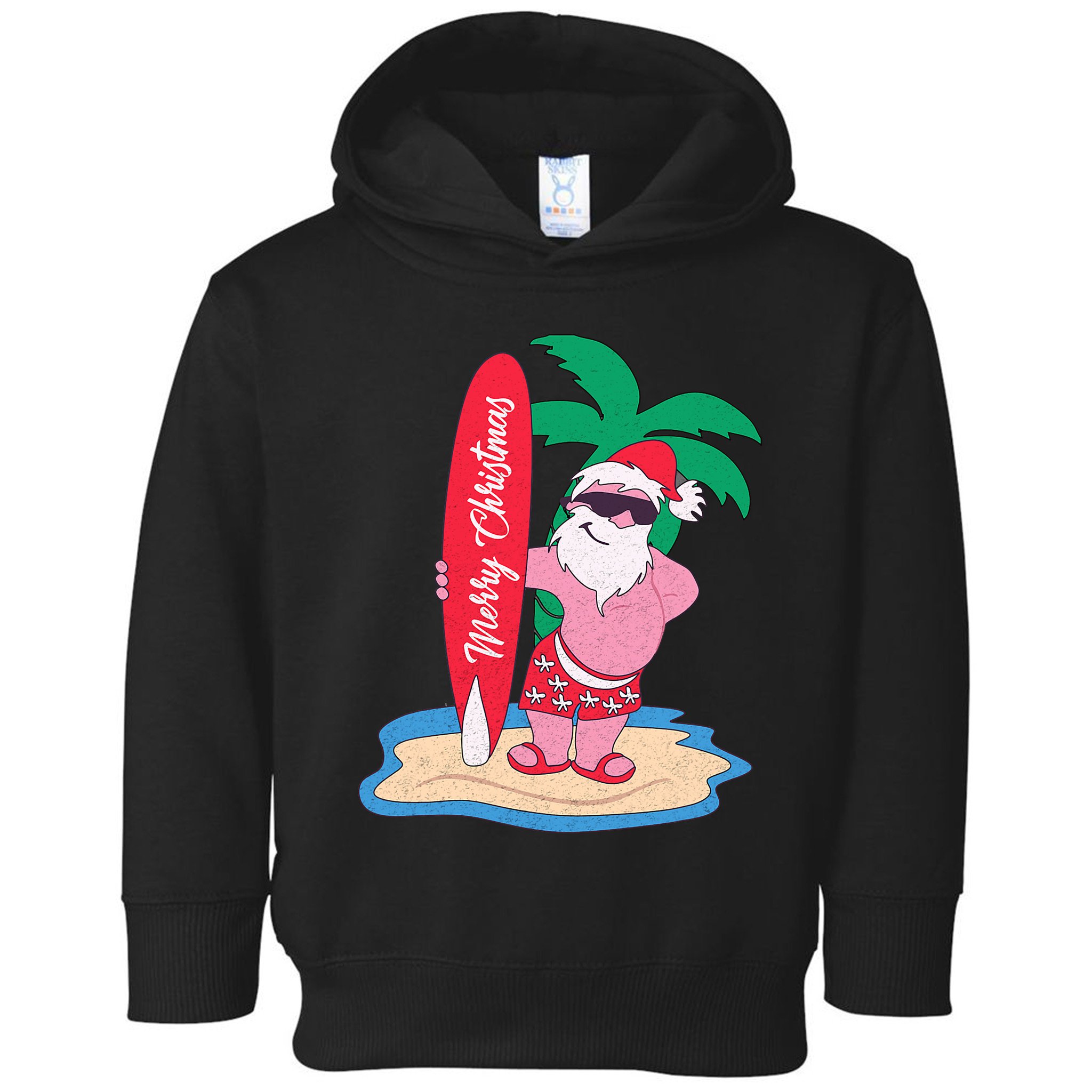 Funny Christmas In July Santa Claus Surfing On The Beach Toddler Hoodie