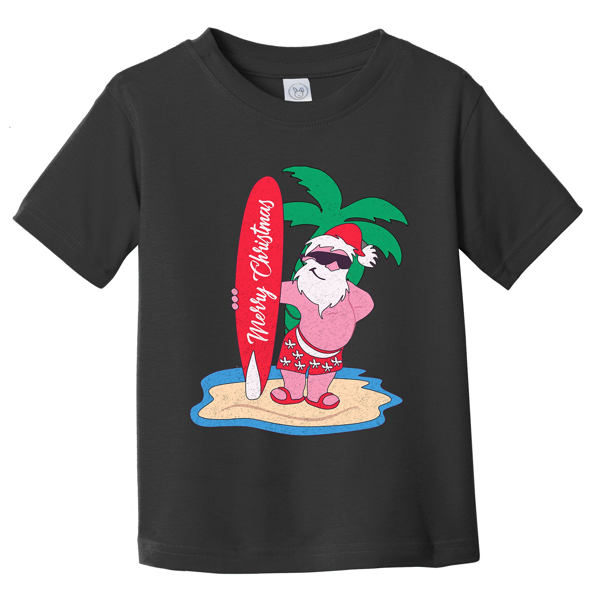 Funny Christmas In July Santa Claus Surfing On The Beach Toddler T-Shirt