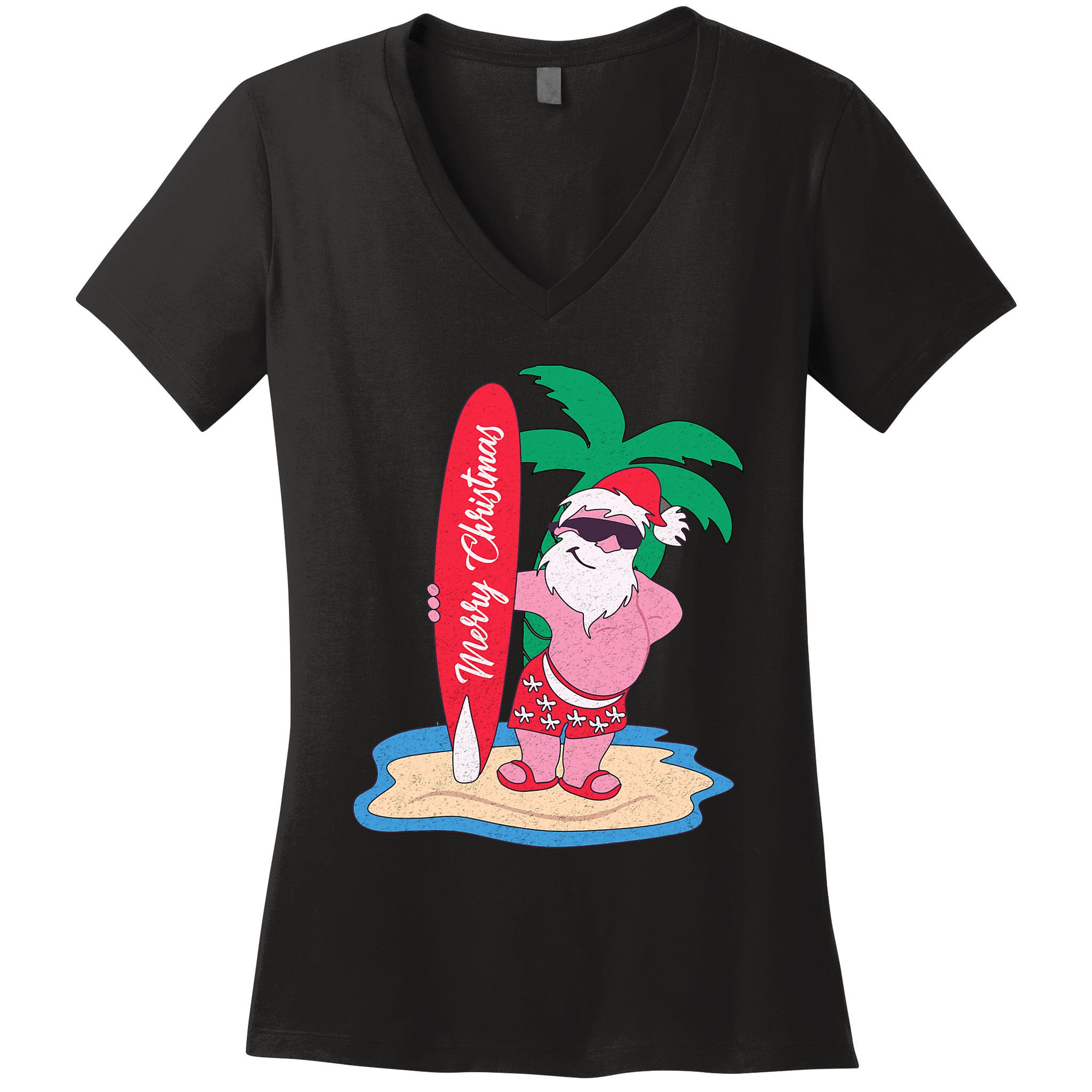Funny Christmas In July Santa Claus Surfing On The Beach Women's V-Neck T-Shirt