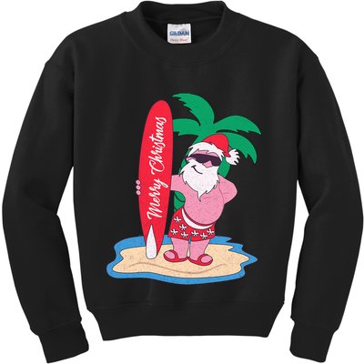 Funny Christmas In July Santa Claus Surfing On The Beach Kids Sweatshirt
