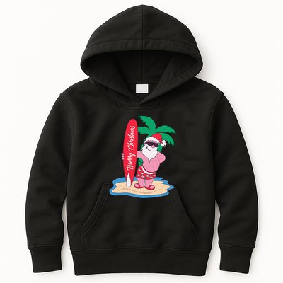 Funny Christmas In July Santa Claus Surfing On The Beach Kids Hoodie