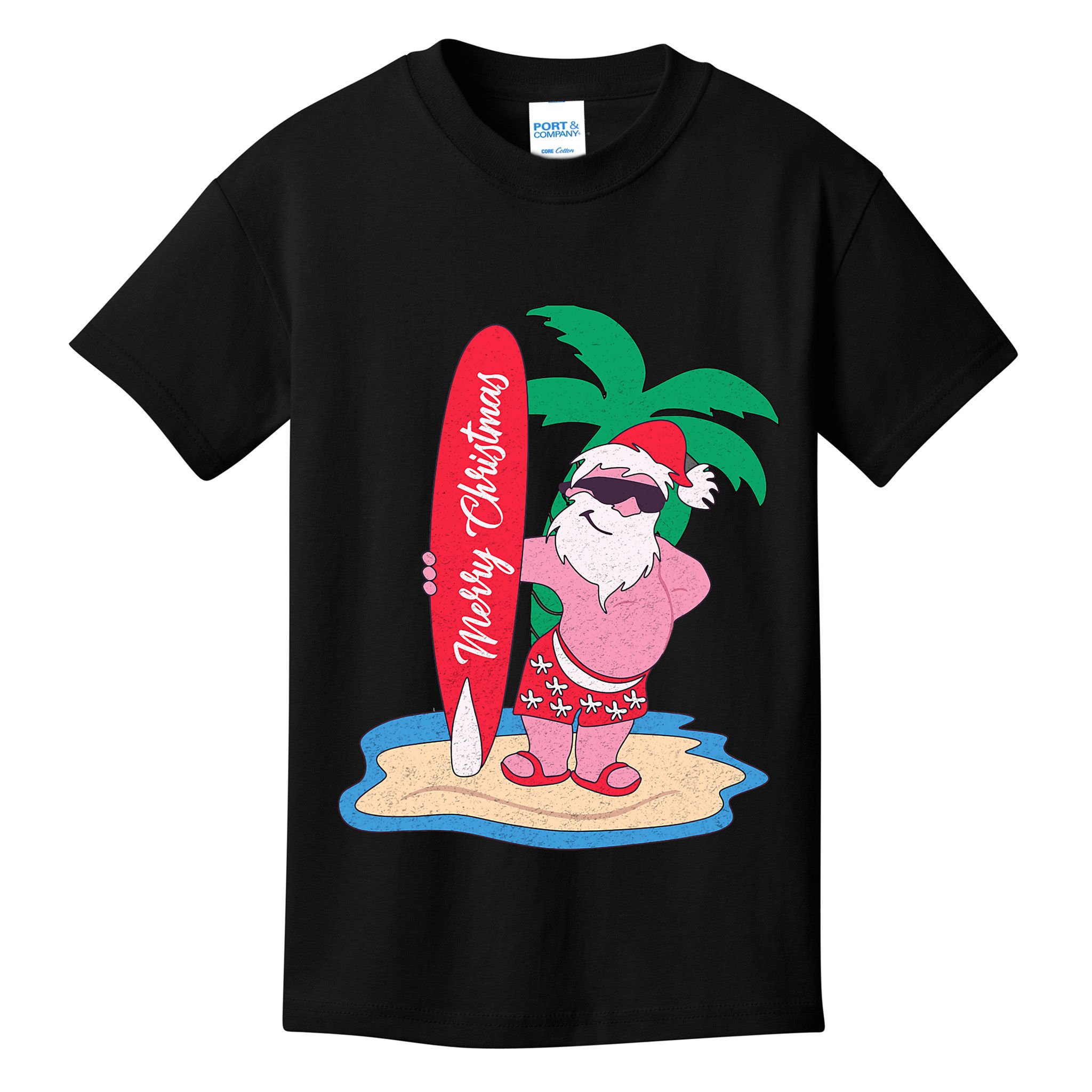 Funny Christmas In July Santa Claus Surfing On The Beach Kids T-Shirt