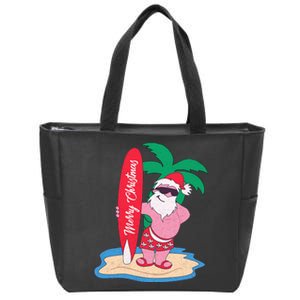 Funny Christmas In July Santa Claus Surfing On The Beach Zip Tote Bag