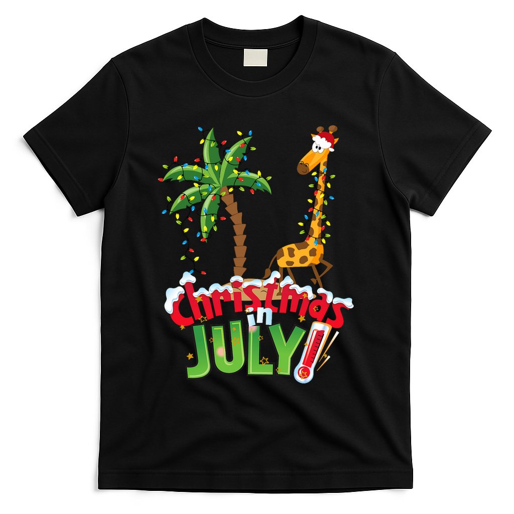 Funny Christmas In July Santa Giraffe Palm Tree Xmas T-Shirt