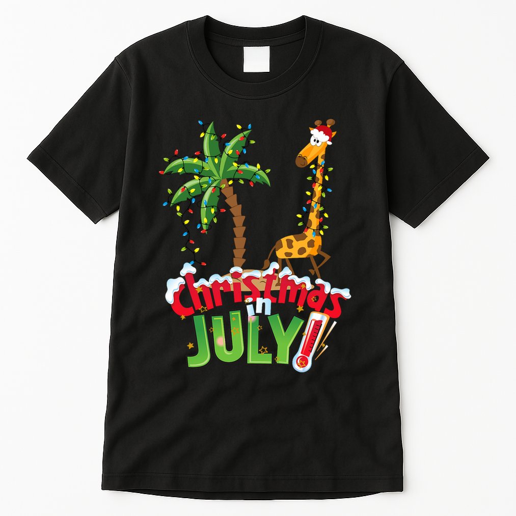 Funny Christmas In July Santa Giraffe Palm Tree Xmas Tall T-Shirt