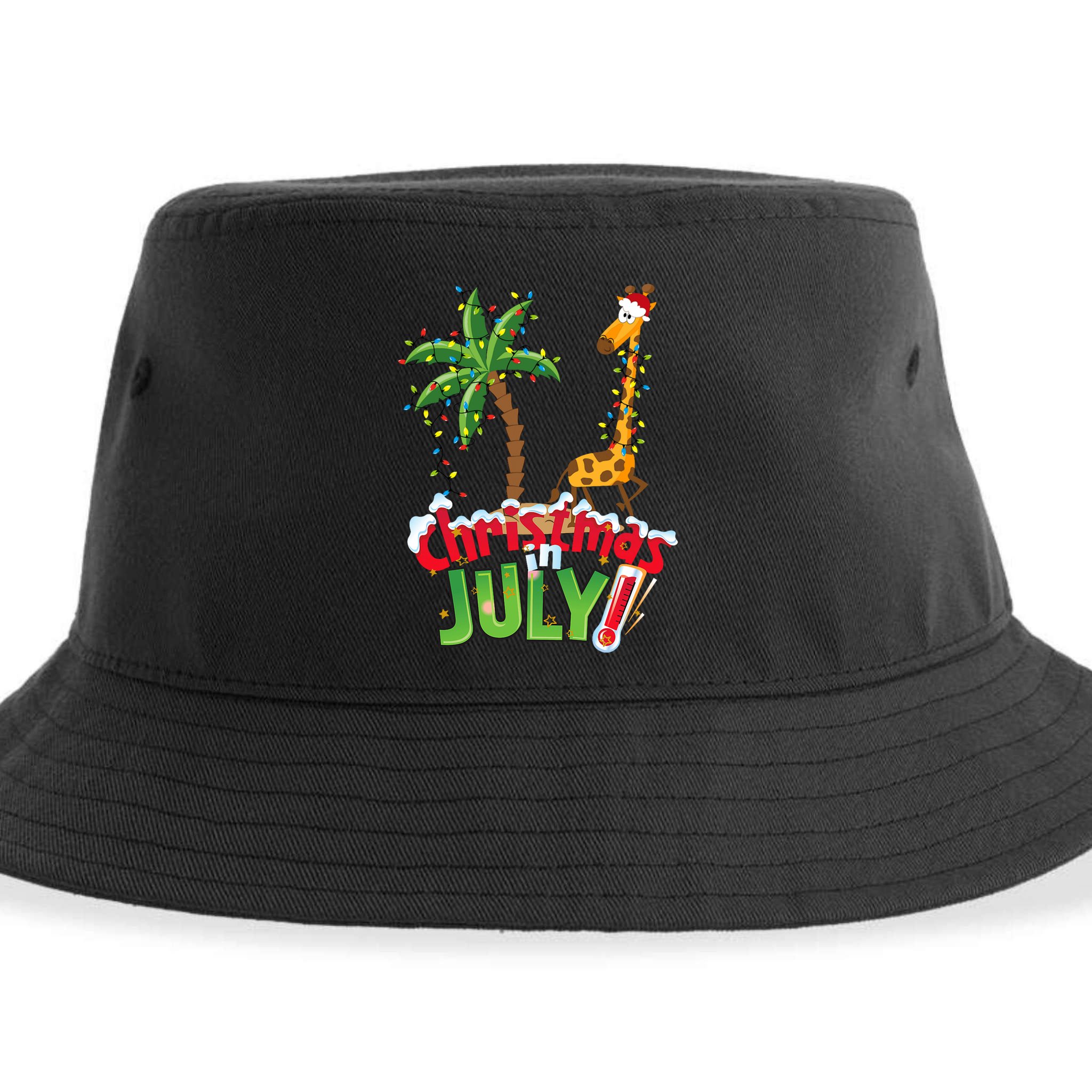 Funny Christmas In July Santa Giraffe Palm Tree Xmas Sustainable Bucket Hat