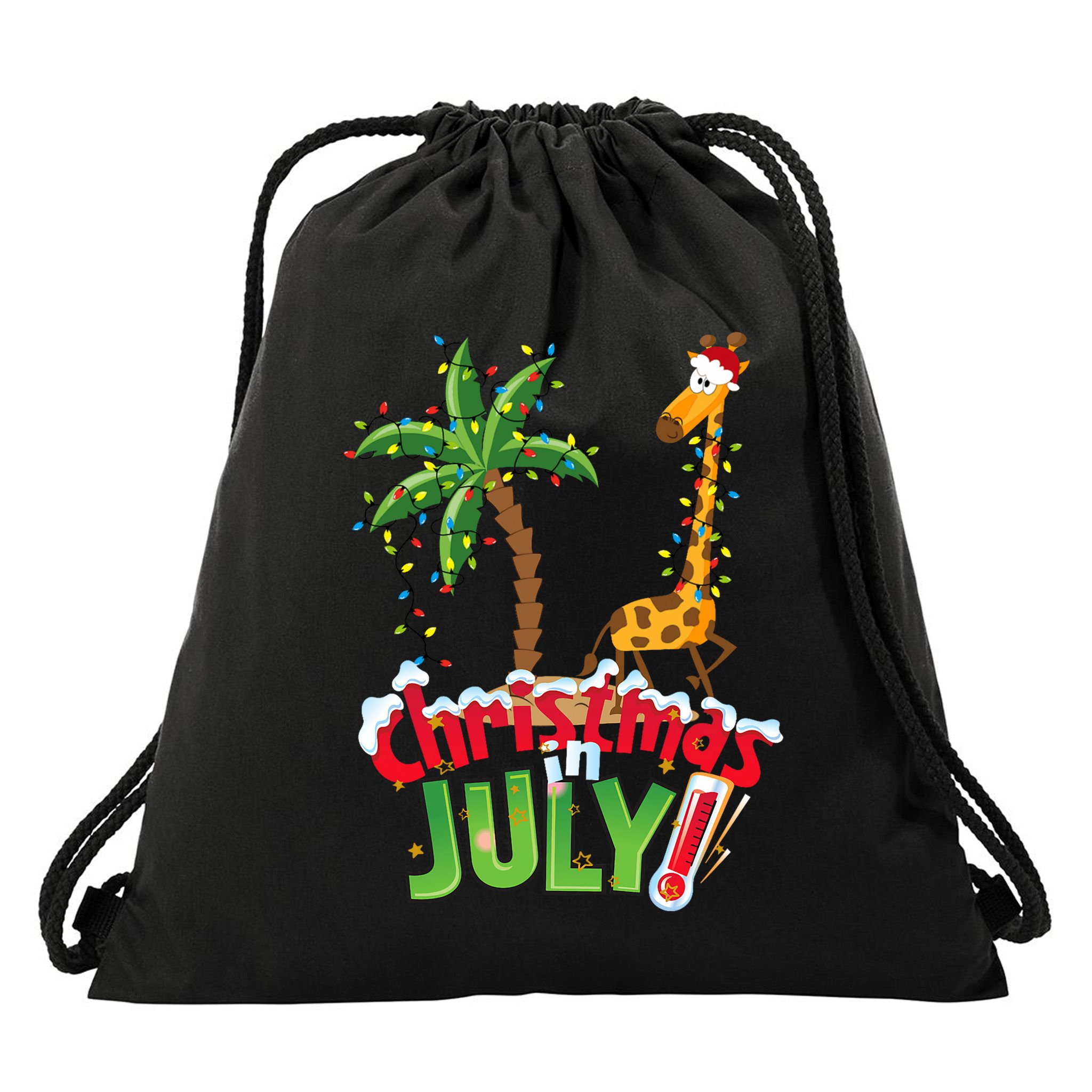 Funny Christmas In July Santa Giraffe Palm Tree Xmas Drawstring Bag