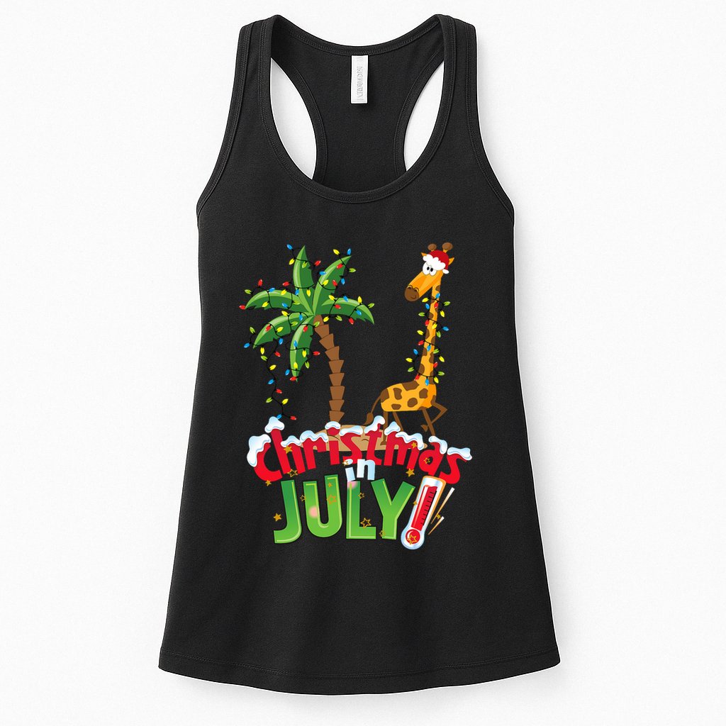 Funny Christmas In July Santa Giraffe Palm Tree Xmas Womens Tank Top