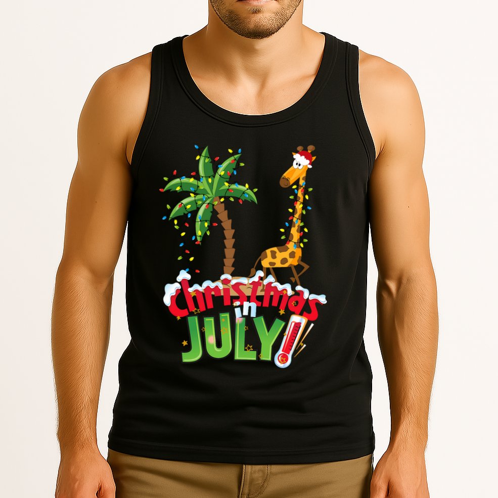 Funny Christmas In July Santa Giraffe Palm Tree Xmas Tank Top