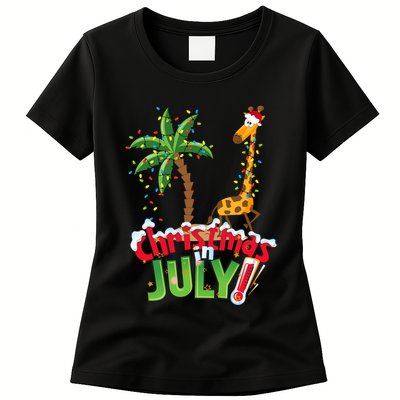 Funny Christmas In July Santa Giraffe Palm Tree Xmas Womens T-Shirt