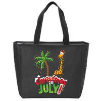 Funny Christmas In July Santa Giraffe Palm Tree Xmas Zip Tote Bag