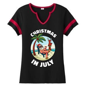 Funny Christmas In July Summer Santa On Beach Xmas Ladies Halftime Notch Neck Tee