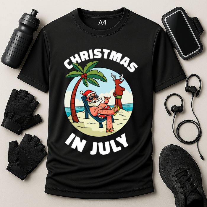 Funny Christmas In July Summer Santa On Beach Xmas Cooling Performance Crew T-Shirt