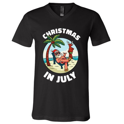 Funny Christmas In July Summer Santa On Beach Xmas V-Neck T-Shirt