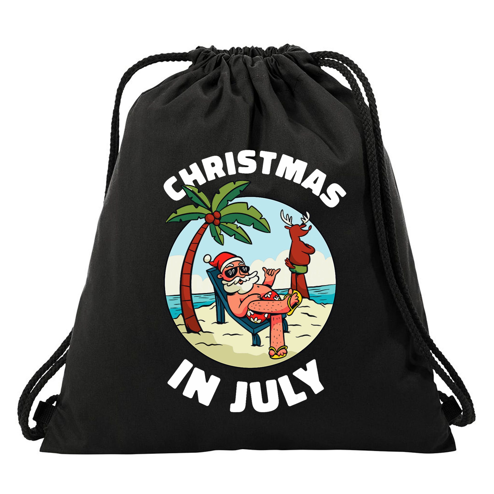Funny Christmas In July Summer Santa On Beach Xmas Drawstring Bag