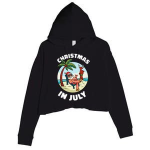 Funny Christmas In July Summer Santa On Beach Xmas Crop Fleece Hoodie