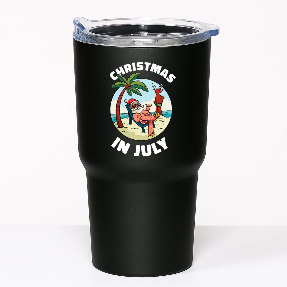 Funny Christmas In July Summer Santa On Beach Xmas Tumbler