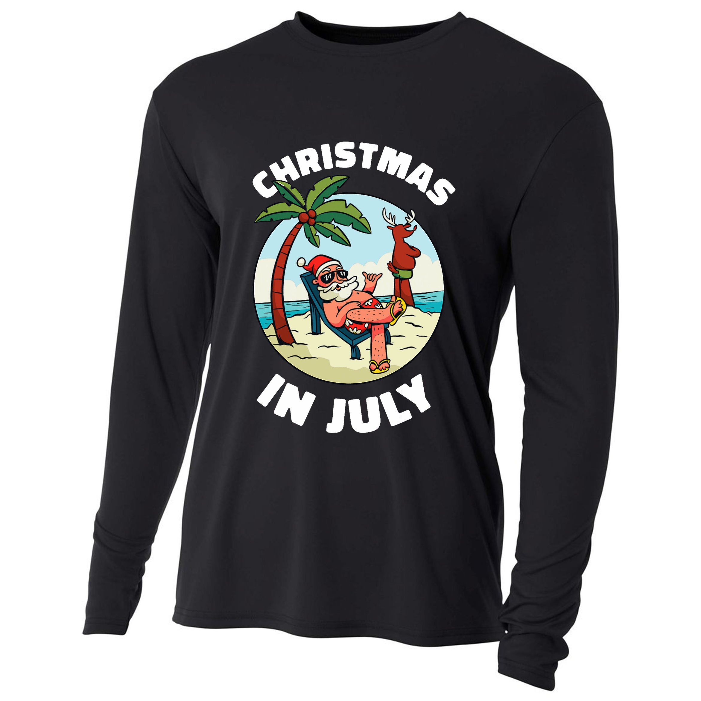 Funny Christmas In July Summer Santa On Beach Xmas Cooling Performance Long Sleeve Crew