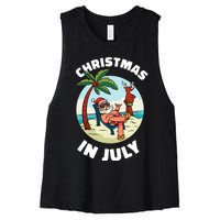 Funny Christmas In July Summer Santa On Beach Xmas Women's Racerback Cropped Tank