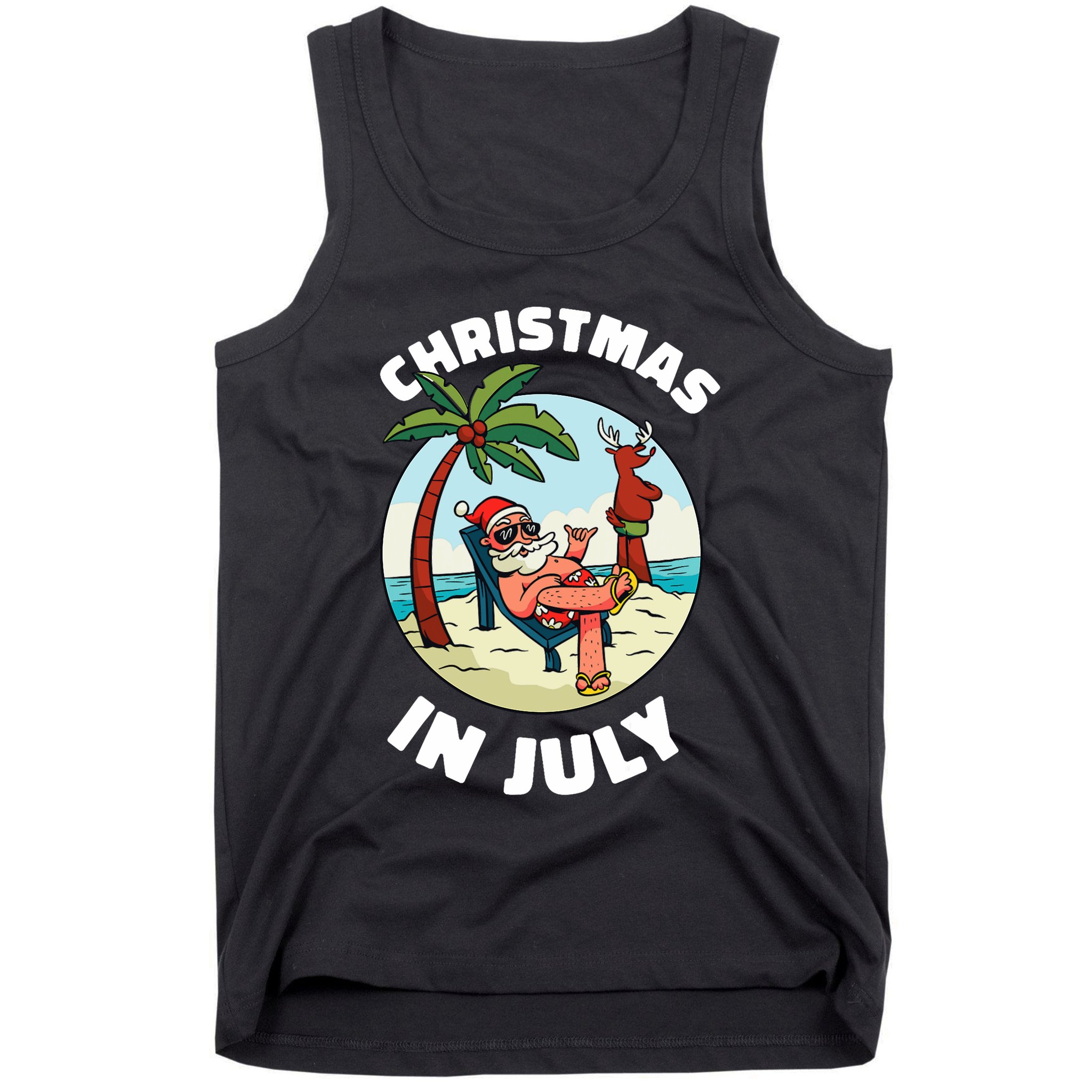 Funny Christmas In July Summer Santa On Beach Xmas Tank Top
