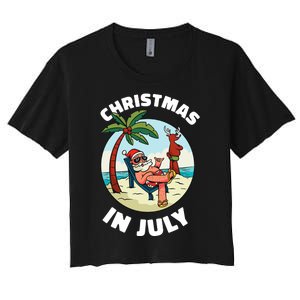 Funny Christmas In July Summer Santa On Beach Xmas Women's Crop Top Tee