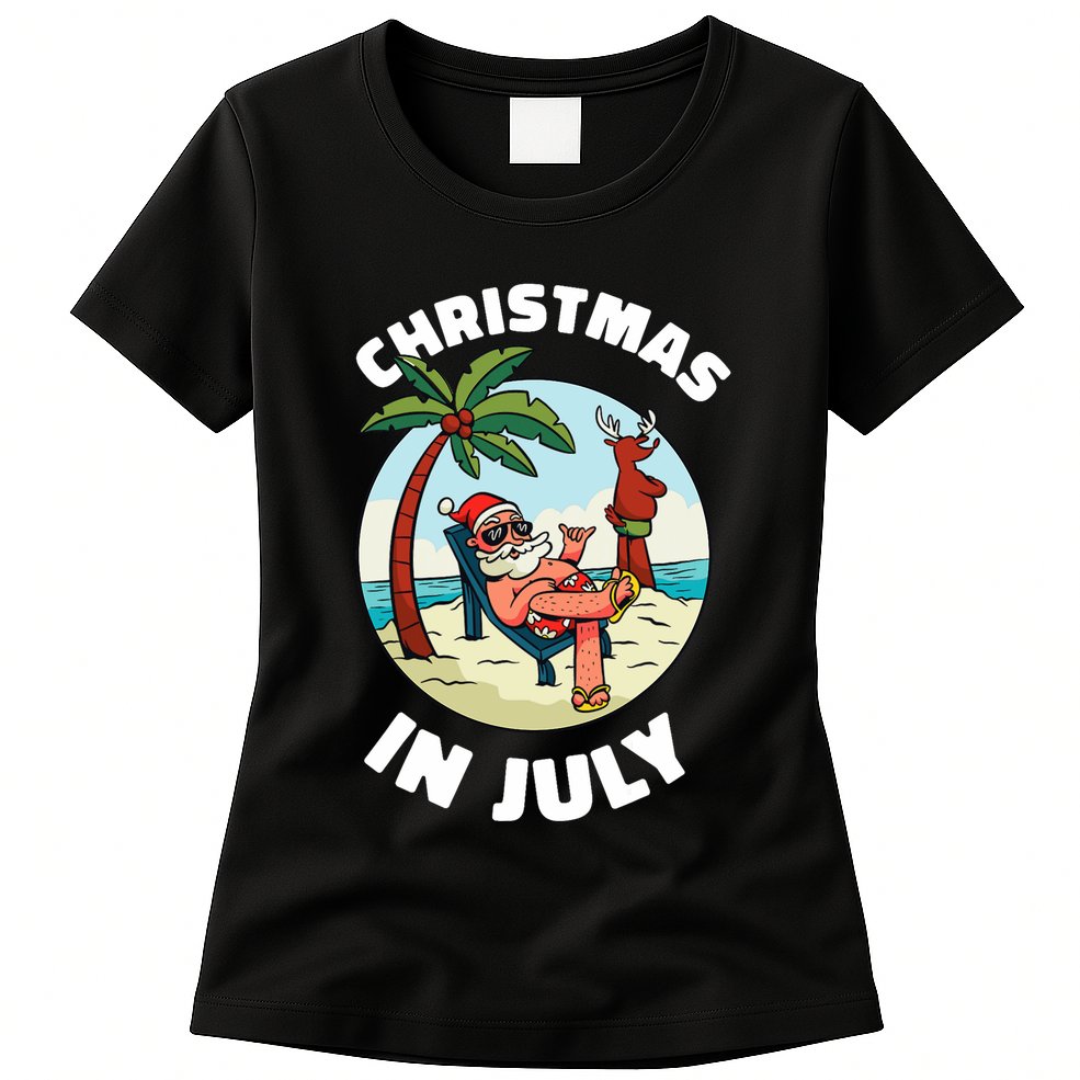 Funny Christmas In July Summer Santa On Beach Xmas Womens T-Shirt
