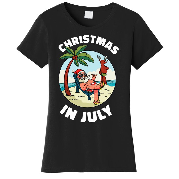 Funny Christmas In July Summer Santa On Beach Xmas Women's T-Shirt