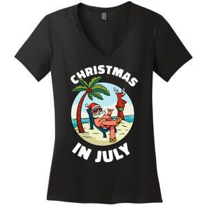 Funny Christmas In July Summer Santa On Beach Xmas Women's V-Neck T-Shirt