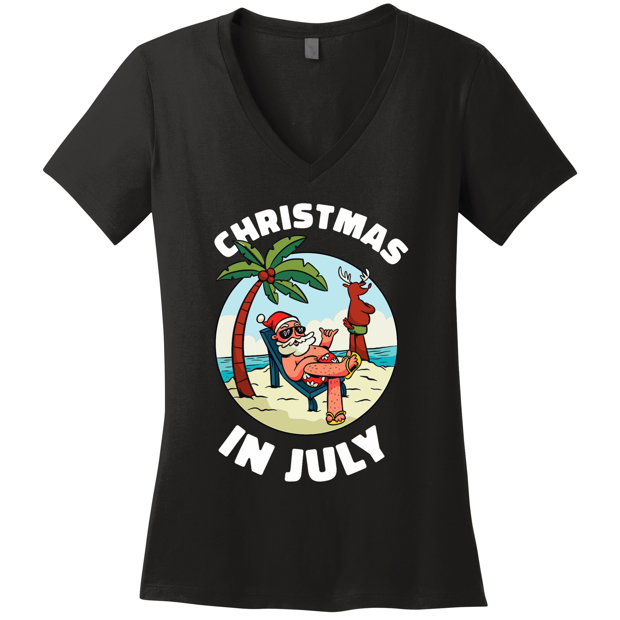 Funny Christmas In July Summer Santa On Beach Xmas Women's V-Neck T-Shirt