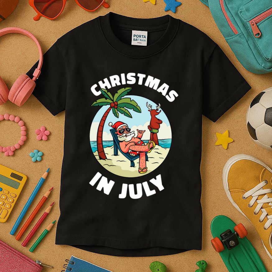 Funny Christmas In July Summer Santa On Beach Xmas Kids T-Shirt