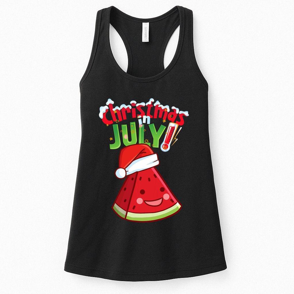 Funny Christmas In July Summer Watermelon Santa Hat Womens Tank Top