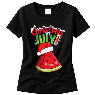 Funny Christmas In July Summer Watermelon Santa Hat Womens T-Shirt