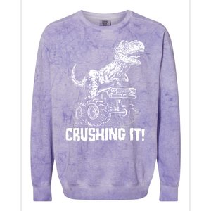 Funny Crushing It T Rex Dinosaur In Monster Truck Colorblast Crewneck Sweatshirt