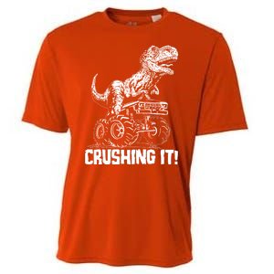 Funny Crushing It T Rex Dinosaur In Monster Truck Cooling Performance Crew T-Shirt