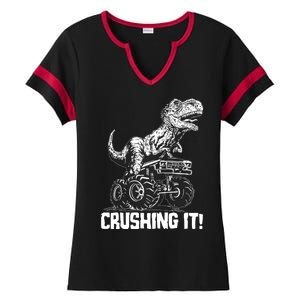 Funny Crushing It T Rex Dinosaur In Monster Truck Ladies Halftime Notch Neck Tee