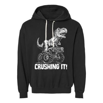 Funny Crushing It T Rex Dinosaur In Monster Truck Garment-Dyed Fleece Hoodie